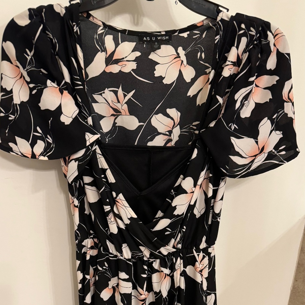 Black floral graduation dress. Brand is AS U WISH and the dress is a flow maxi d